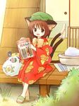  animal_ears brown_eyes brown_hair cat_ears cat_tail chen earrings eijima_moko hat japanese_clothes jewelry kimono multiple_tails short_hair solo tail touhou 