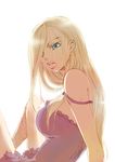 ailala blonde_hair blue_eyes breasts fullmetal_alchemist hair_over_one_eye large_breasts lips long_hair olivier_mira_armstrong solo strap_slip 
