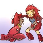  battle claws crawdaunt duel emphasis_lines full_body gen_1_pokemon gen_3_pokemon hair_ornament hitec moemon motion_lines o_o personification pokemon pokemon_(creature) standing star star_hair_ornament staryu thighhighs trembling zettai_ryouiki 