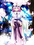  black_legwear bow breasts bubble bug butterfly cherry_blossoms fan fangs flower frills garters grin hat highres insect japanese_clothes large_breasts petals pink_eyes pink_hair ribbon saigyouji_yuyuko sitting slippers smile solo thighhighs touhou tree yamineko zettai_ryouiki 