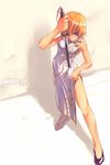  blonde_hair brown_eyes china_dress chinese_clothes copyright_request dress refeia short_hair side_slit solo sword weapon 