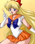  aino_minako artemis_(sailor_moon) back_bow bishoujo_senshi_sailor_moon blonde_hair blue_eyes bow choker elbow_gloves gloves half_updo isu long_hair lowres magical_girl orange_choker orange_sailor_collar orange_skirt red_bow sailor_collar sailor_senshi_uniform sailor_venus skirt solo tiara when_you_see_it white_gloves yellow_background 