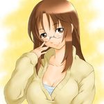  adjusting_eyewear breasts brown_eyes brown_hair cleavage glasses k-on! large_breasts long_hair onsoku_maru solo sweater yamanaka_sawako 