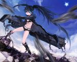  arm_cannon bad_id bad_pixiv_id bikini_top black_hair black_rock_shooter black_rock_shooter_(character) blue_eyes boots burning_eye chain coat highres long_hair midriff navel scar shorts silverwing solo twintails uneven_twintails very_long_hair weapon 