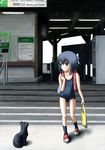  absurdres backpack bag blue_hair brown_eyes cat highres one-piece_swimsuit original school_swimsuit short_hair solo swimsuit ticket_machine train_station tutifutatu vending_machine 