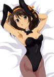  animal_ears armpits brown_eyes brown_hair bunny_ears bunnysuit hair_ribbon hairband lying nanashi_noiji orange_hairband pantyhose ribbon short_hair solo suzumiya_haruhi suzumiya_haruhi_no_yuuutsu 