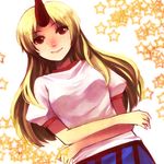  74_(teduka) bad_id bad_pixiv_id blonde_hair blush crossed_arms dutch_angle face horn hoshiguma_yuugi lips nose_blush red_eyes shirt short_sleeves smile solo star starry_background t-shirt touhou 