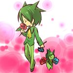  closed_eyes flower gen_3_pokemon green_hair hitec moemon pants personification pokemon pokemon_(creature) rose roselia short_hair standing 