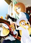  :d alice_margatroid blonde_hair blue_eyes bow bowtie capelet carrying chu_(artist) curtains day doll doll_joints dress glass hairband hand_mirror hat long_hair looking_back mirror open_mouth sewing_machine shanghai_doll short_hair smile solo sundress touhou window 