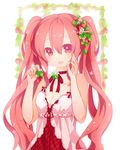  aruya_(flosrota) bad_id bad_pixiv_id breasts choker cleavage food fruit hands holding holding_food holding_fruit long_hair medium_breasts original pink_hair solo strawberry twintails very_long_hair 