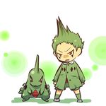  gen_2_pokemon green_hair hitec larvitar moemon mohawk personification pokemon pokemon_(creature) red_eyes short_hair standing 