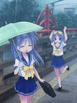  =_= bad_id bad_pixiv_id bag blue_eyes blue_hair bridge closed_eyes food food_in_mouth highres hiiragi_kagami hiiragi_tsukasa isou_nagi late_for_school long_hair lucky_star mouth_hold multiple_girls rain ryouou_school_uniform school_uniform serafuku short_hair siblings sisters toast toast_in_mouth twins umbrella yellow_neckwear 