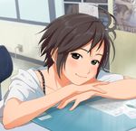  antenna_hair black_eyes black_hair chin_rest idolmaster idolmaster_(classic) idolmaster_2 kikuchi_makoto short_hair smile solo yachiwo 