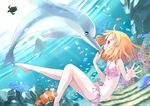  barefoot bikini clownfish coral dolphin dutch_angle fish flat_chest freediving frills hands highres nomi orange_hair original short_hair solo swimsuit turtle underwater yellow_eyes 