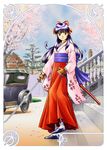  black_hair bow bright_(artist) brown_eyes car cherry_blossoms fingerless_gloves gloves ground_vehicle hair_bow japanese_clothes katana kimono long_hair motor_vehicle object_namesake red_bow sakura_taisen scabbard sheath shinguuji_sakura solo sword tassel tree weapon 