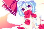  blue_hair flower hat motomiya_mitsuki red_eyes remilia_scarlet short_hair solo touhou wings 