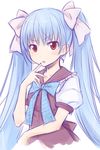  blue_hair bow face ha-ru hair_bow hiiragi_ginga long_hair red_eyes school_uniform solo sugar+spice! sugar+spice_2 twintails 