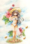  absurdres aruru_(artist) bad_id bad_pixiv_id bikini black_hair brown_eyes flower hat hibiscus highres long_hair original sarong solo straw_hat swimsuit white_sarong 