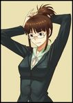  adjusting_hair akizuki_ritsuko border folded_ponytail formal hair_up idolmaster idolmaster_(classic) idolmaster_2 inu_(aerodog) ponytail smile solo suit 