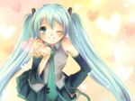  bad_id bad_pixiv_id blush hatsune_miku heart long_hair mirto one_eye_closed outstretched_hand solo very_long_hair vocaloid 