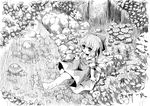  bow cirno etogami_kazuya greyscale hair_bow highres ice monochrome nature river short_hair sitting solo splashing touhou traditional_media water wings 