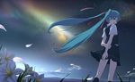  arms_behind_back cloud eto flower grass hatsune_miku long_hair looking_back night open_mouth sky smile solo star_(sky) starry_sky very_long_hair vocaloid 