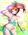  bad_id bad_pixiv_id bikini blush breasts futami_mami grin hand_behind_head highres idolmaster idolmaster_(classic) idolmaster_2 natsu_(anta_tte_hitoha) navel one_eye_closed side_ponytail small_breasts smile solo swimsuit 