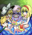  3girls :&lt; alice_margatroid blonde_hair blue_eyes casual_one-piece_swimsuit crescent hairband hat hose innertube kirisame_marisa long_hair magazine multiple_girls one-piece_swimsuit patchouli_knowledge pool purple_eyes purple_hair rakuta_(pisuke) reading shanghai_doll short_hair swimsuit touhou tree_shade witch_hat yellow_eyes 