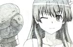  bad_id bad_pixiv_id boxing_gloves flower greyscale hair_ornament long_hair monochrome one_eye_closed ryuuryou saten_ruiko sketch smile solo to_aru_kagaku_no_railgun to_aru_majutsu_no_index traditional_media 