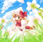  blonde_hair capelet cloud day flower hat hat_ribbon lily_white long_hair mineko petals ribbon sky smile solo touhou wide_sleeves 