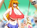  3boys bad_proportions blonde_hair blue_eyes blush breasts choujuushin_gravion cleavage diva_mizuki gigantic_breasts jyubei midriff multiple_boys nipple_slip nipples tachibana_mizuki underboob 