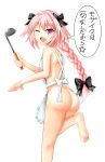  apron ass astolfo_(fate) barefoot black_bow black_ribbon blush bow braid commentary_request fang fate/apocrypha fate/grand_order fate_(series) hair_intakes hair_ribbon kame_kame_happa ladle long_braid long_hair looking_at_viewer looking_back male_focus multicolored_hair naked_apron one_eye_closed open_mouth otoko_no_ko pink_hair purple_eyes ribbon single_braid smile solo streaked_hair 