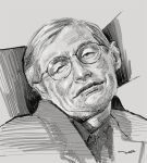  artist_name commentary formal glasses greyscale looking_at_viewer male_focus masa_room monochrome portrait real_life sitting smile solo stephen_hawking suit 