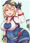  ass belly belt big_belly black_legwear blush breasts cleavage covered_navel fat female_protagonist_(pokemon_go) hair_between_eyes hat heo holding large_breasts looking_at_viewer one_eye_closed plump poke_ball pokemon pokemon_go pokemon_trainer shirt smile snorlax ultra_ball waving white_shirt 