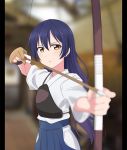  archery armored blue_hair blush bow_and_arrow brown_eyea hakama long_hair love_live!_school_idol_project sonoda_umi 