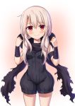  1girl black_scarf blonde_hair blush commentary_request cosplay cowboy_shot eyebrows_visible_through_hair eyes_visible_through_hair fate/kaleid_liner_prisma_illya fate_(series) hair_between_eyes highres hood hood_down illyasviel_von_einzbern long_hair looking_at_viewer low_twintails morokoshi_(tekku) red_eyes scarf simple_background smile solo true_assassin true_assassin_(cosplay) twintails 