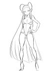  bodysuit breasts cleavage collarbone commentary electro_emilia full_body greyscale hand_on_hip headgear ken_(koala) large_breasts leotard lineart long_hair looking_at_viewer monochrome original simple_background skin_tight smile solo standing very_long_hair 