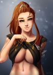  blush breasts brigitte_(overwatch) brown_eyes brown_hair eyelashes freckles highres large_breasts lips long_hair looking_at_viewer luminyu navel overwatch ponytail shirt shirt_lift shoulder_tattoo sidelocks smile solo t-shirt tattoo thick_lips underboob upper_body 