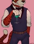  2018 alcohol anthro beverage bulge classy clothed clothing digital_drawing_(artwork) digital_media_(artwork) front_view fully_clothed fur half-erect handpaw horn koorivlf koorivlf_tycoon male multicolored_fur necktie pants pawpads paws penis penis_outline portrait red_fur simple_background smile solo standing suit teeth three-quarter_portrait 