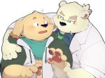 bear blush canine cigarette clothing cold_sweat cusith dog duo embrace male male/male mammal obese overweight polar_bear quanjiang rave(housamo) simple_background tokyo_afterschool_summoners white_background 