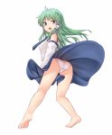  accidental_exposure antenna_hair ass bangs bare_legs bare_shoulders barefoot blue_eyes blue_neckwear blue_skirt blush breasts commentary_request detached_sleeves eyebrows_visible_through_hair frog_hair_ornament from_behind green_hair hair_ornament hair_tubes highres kneepits kochiya_sanae leaning_forward legs_apart long_hair long_skirt long_sleeves looking_at_viewer looking_back medium_breasts miyo_(ranthath) necktie no_legwear panties simple_background single_sidelock skirt skirt_lift snake_hair_ornament solo tareme tiptoes touhou underwear white_background white_panties wind wind_lift 
