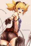  artist_name ass bad_id bad_pixiv_id bare_shoulders belt black_gloves blonde_hair blue_eyes copyright_name cowboy_shot fingerless_gloves from_behind gloves goggles goggles_on_head granblue_fantasy highres looking_at_viewer looking_back open_mouth pengy_(granblue_fantasy) short_hair short_shorts short_twintails shorts skindentation solo sweat twintails yukihama 