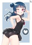  1girl ass bangs black_swimsuit blue_background blue_hair dated deadnooodles frilled_swimsuit frills grin hand_on_hip heart highres long_hair looking_at_viewer looking_back love_live! love_live!_sunshine!! one-piece_swimsuit one_eye_closed outline purple_eyes side_bun simple_background smile solo spoken_heart swimsuit tsushima_yoshiko w_over_eye white_outline 