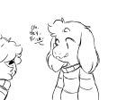 4:3 ambiguous_gender anthro asriel_dreemurr boss_monster caprine clothed clothing cute dialogue digital_media_(artwork) duo english_text fur goat hair happy human male mammal monochrome monster protagonist_(undertale) simple_background sketch smile solo_focus text thedeterminedchild undertale video_games white_background 