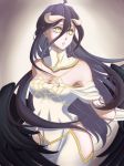  albedo all_along_with_you bare_shoulders black_hair black_wings breasts demon_girl demon_horns demon_wings dress elbow_gloves gloves hair_between_eyes half_gloves highres horns large_breasts long_hair overlord_(maruyama) simple_background solo thighhighs thighs white_dress white_gloves wings yellow_eyes 