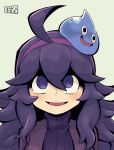  :d ahoge al_bhed_eyes chichibu_(chichichibu) commentary_request dragon_quest hair_between_eyes hairband hex_maniac_(pokemon) messy_hair open_mouth pokemon pokemon_(game) pokemon_xy purple_eyes purple_hair purple_hairband purple_sweater ribbed_sweater slime_(dragon_quest) smile sweater turtleneck turtleneck_sweater 