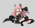  blush boots cape fang flat_chest grey_background groin krul_tepes miniskirt open_mouth ouhashi owari_no_seraph panties pink_hair pointy_ears red_eyes simple_background skirt solo thigh_boots thighhighs twintails underwear white_panties 