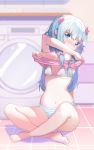  barefoot blue_eyes blue_panties blurry blurry_background blush bow bra breasts covered_mouth depth_of_field eromanga_sensei eyebrows_visible_through_hair full_body hair_bow head_tilt hummingbird_(artist) indoors izumi_sagiri long_hair looking_at_viewer mismatched_underwear navel no_pants panties pink_bow pink_shirt shirt shirt_lift short_sleeves silver_hair small_breasts solo standing striped striped_panties tile_floor tiles underwear undressing washing_hair washing_machine white_bra 