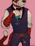  2018 alcohol anthro beverage black_penis bulge classy clothed clothing crotch_tuft digital_drawing_(artwork) digital_media_(artwork) foreskin front_view fur half-erect handpaw horn humanoid_penis koorivlf koorivlf_tycoon male mostly_clothed multicolored_fur necktie open_pants pants pawpads paws penis portrait precum red_fur simple_background smile solo standing suit teeth thick_penis three-quarter_portrait uncut 