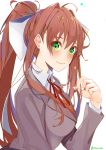  1girl brown_hair collared_shirt commentary doki_doki_literature_club english_commentary eyebrows_visible_through_hair eyes_visible_through_hair green_eyes grey_jacket hair_between_eyes hair_ribbon highres jacket long_hair looking_at_viewer monika_(doki_doki_literature_club) ponytail ribbon school_uniform shirt simple_background smile solo twitter_username upper_body white_background white_ribbon white_shirt wing_collar xhunzei 